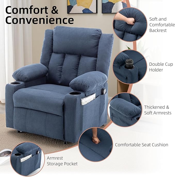 Power Recliner Chair Upholstered Recliner Heating Vibration Massage with Side Pockets Side Table &amp 2 Cup Holders for Living Room &amp Home Theater (Navy)
