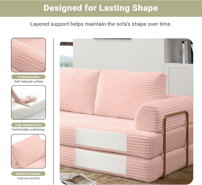 80 Convertible Sofa Bed Modern Corduroy Sleeper Sofa Folding Floor Couch with Golden Fixed-Shape Frame Pink Boneless Loveseat Sofas Bed for Living Room Bedroom No Assembly Needed