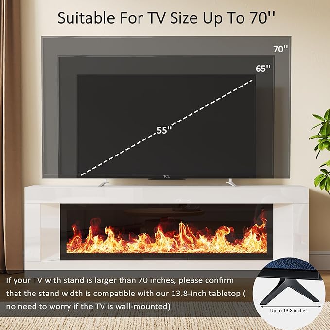 High Gloss Fireplace TV Stand with 47 Electric Fireplace Unheated 63 Entertainment Center with Fireplace Modern Wood TV Console with 12 Electronic Flame Colors for Living Room White