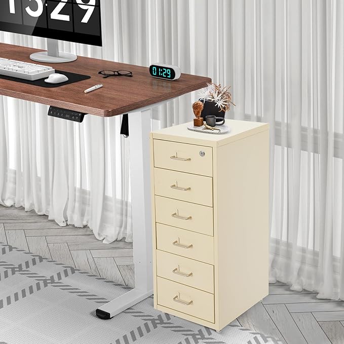 Office File Cabinet w/4 Wheels 6 Drawer Metal Small Vertical File Cabinets w/2 Lock Smooth Edges Mobile Storage Cabinet File Organizer for Home Office Living Room 11 * 16 * 27in (Beige)