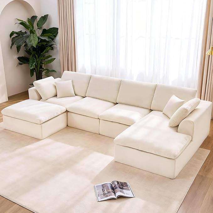 137.8 Large Sectional Couches for Living Room U Shaped Couch with Movable Ottoman 4-Seater Cloud Couch Sectional Sofa with Deep Seat No Assembly Required Warm White