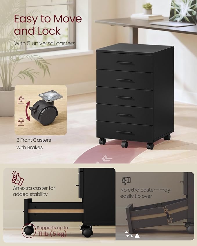 VASAGLE File Cabinet Mobile Pedestal Filing Cabinet with Wheels Printer Stand with 5 Drawers Tool-Free Sliding Rails for Study Home Office Ink Black UOFC081BC02
