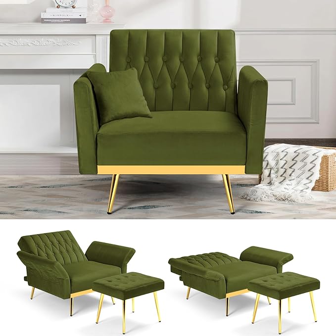 Velvet Accent Chair with Adjustable Backrest and Armrests Single Recliner Armchair with Ottoman and Golden Mental Legs for Living Room Bedroom and Waiting Room Olive Green