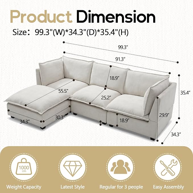 Oversized Modern Sectional Sofa Extra-Deep L-Shape Linen Fabric Cloud Couch Sectional with 5 Pillows Convertible Ottoman Freely Combinable Sofa for Living Rooms Apartments Offices (Beige 4 Seat)