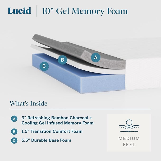 Lucid 10 Inch Memory Foam Mattress - Medium Feel - Infused with Refreshing Bamboo Charcoal and Cooling Gel - Bed in a Box - Temperature Regulating - Pressure Relief - Breathable - Full XL Size