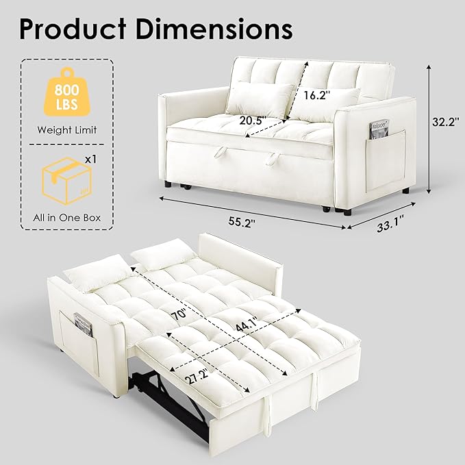 Dreamzie 3 in 1 Convertible Sleeper Sofa Bed Pull Out Couch with Side Pocket Loveseat Sleeper for Living Room with Adjustable Backrest (Beige)