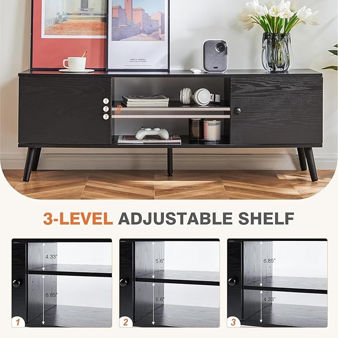 Sweetcrispy TV Stand for 55 60 inch TV Modern Mid Century Entertainment Center with Storage Cabinet Media Console Table for Living Room Soft Hinge Handle Door Wooden Office Furniture Tank