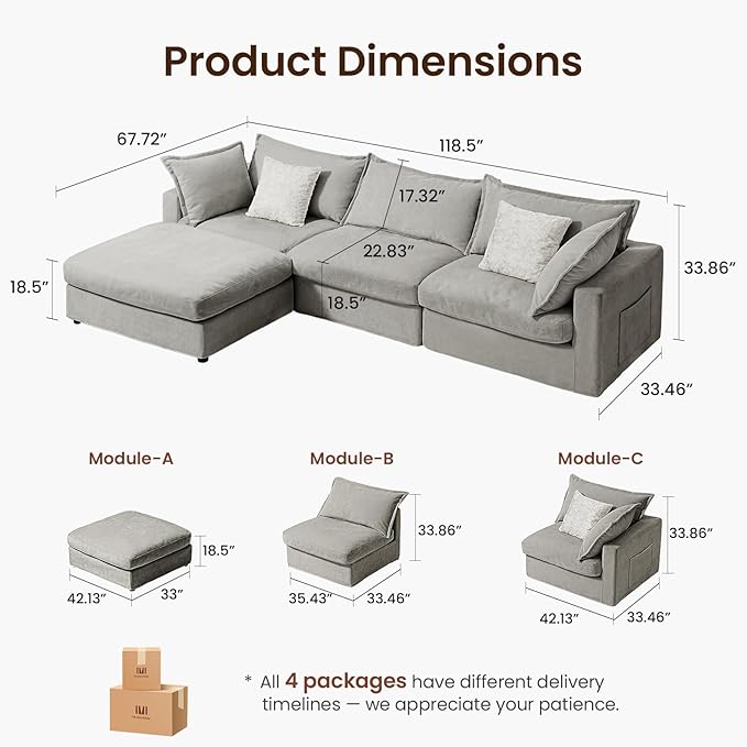 118.5 Modular Sectional Sofa Down Filled Cloud Couch with Storage Ottoman Oversized L Shaped Couch with 2 Pillows 4 Seats Sectional Couches for Living Room Apartment Light Grey