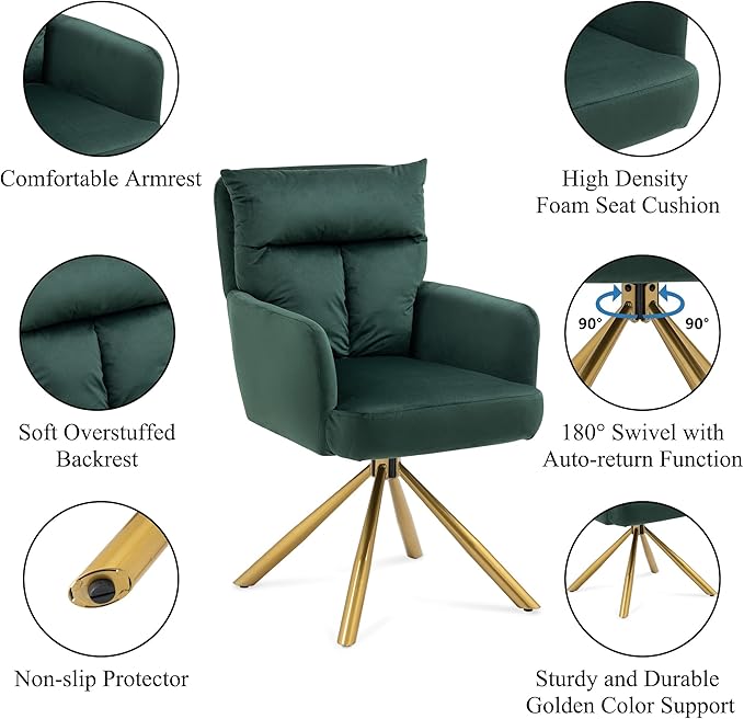 NORDICANA 180° Swivel Velvet Living Room Chair Modern Armchair with Golden Legs Ergonomic Upholstered Dining Accent Chair Single Sofa for Bedroom Reading Home Office Christmas Green
