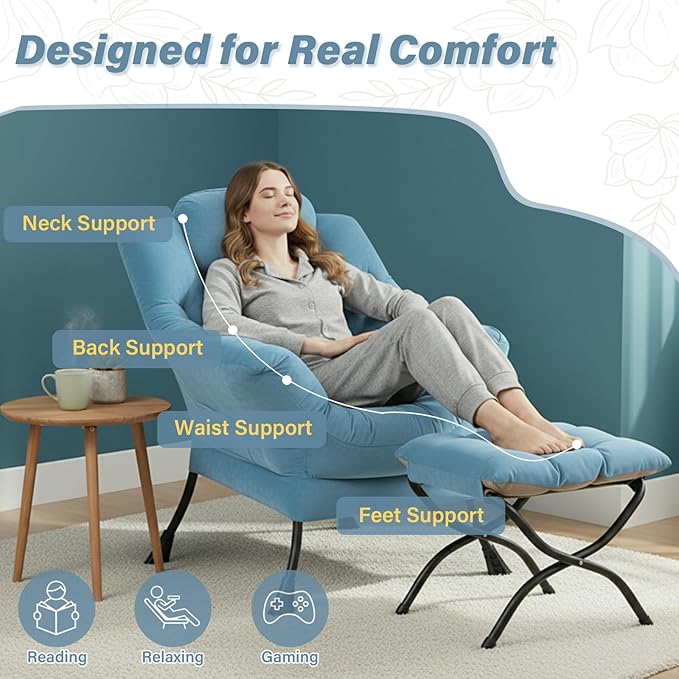 Cozy Lazy Chair and Ottoman Large Contemporary Velvet Blue Accent Chair Set Modern Leisure Upholstered Reading Armchair for Office Bedroom Living Room Dorm Rooms Balcony