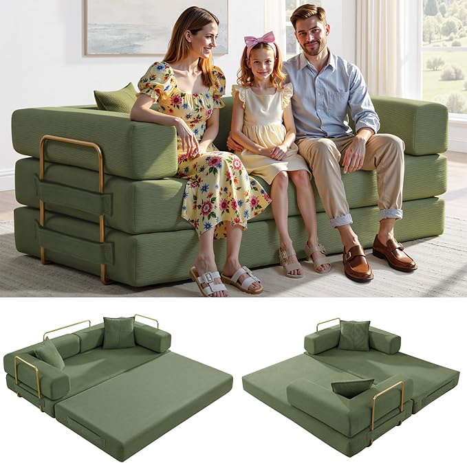 79 Inch Convertible Folding Sleeper Sofa Bed Modern Corduroy Futon Sofa Fold Out Couch Bed with Metal Fixed Frame Modular Comfy Boneless Couches Floor Sofas for Living Room Olive Green