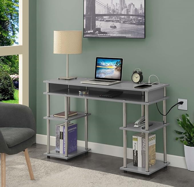 Convenience Concepts Designs2Go No Tools Student Desk with Charging Station and Shelves Gray