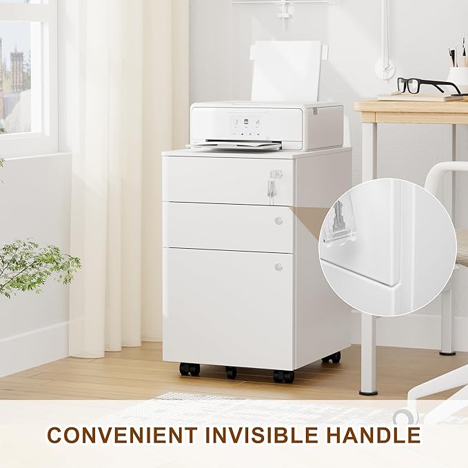 Mobile File Cabinet with 3 Locks 3 Drawer File Cabinets for Home Office Under Desk Metal Filing Cabinet for A4/Letter/Legal Lockable Fully Assembled Except castors White