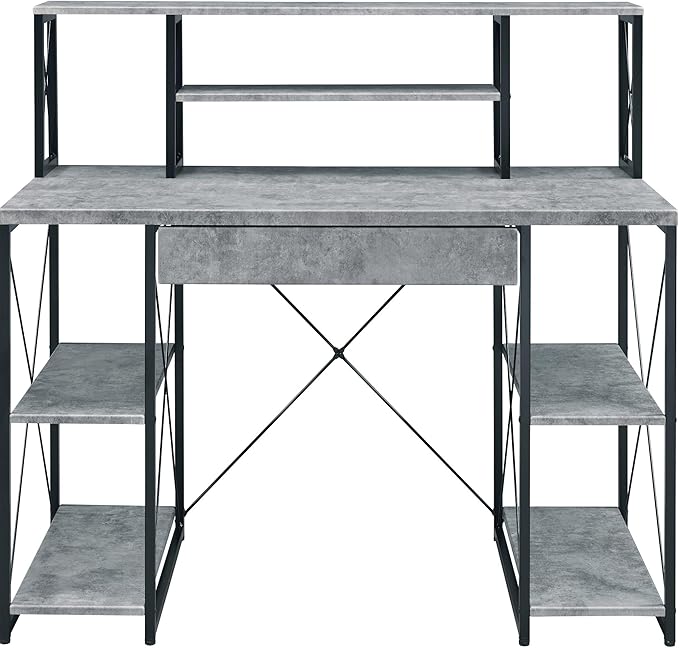 Penau Grey and Black Office Desk with Hutch Sturdy Writing Desk with 1 Drawer and 8 Open Shelves Modern Design for Office and Recording Studio