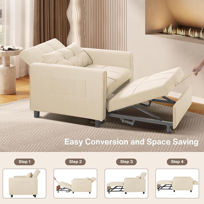 Aiho Convertible Sleeper Chair 3-in-1 Sofa Bed with Adjustable Design Pillow &amp Pocket - Pull Out Sleeper for Apartment(Beige)