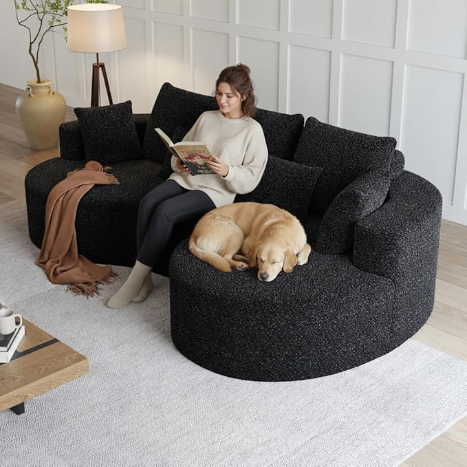 KEIKI 105 L Shaped Corner Couch Upholstered Curved Cloud with 7 Pillows Chenille Sectional Couch for Living Room Bedroom Black