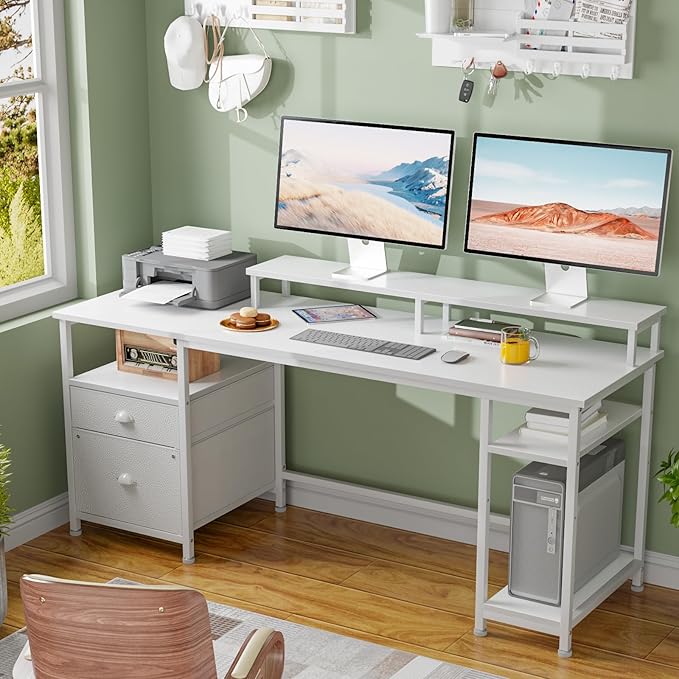 Furologee 61 Computer Desk with Fabric File Cabinet &amp Drawer Reversible White Table with Storage Shelf Office Desk with Long Monitor Stand Writting Table Workstation for Home/Office/White