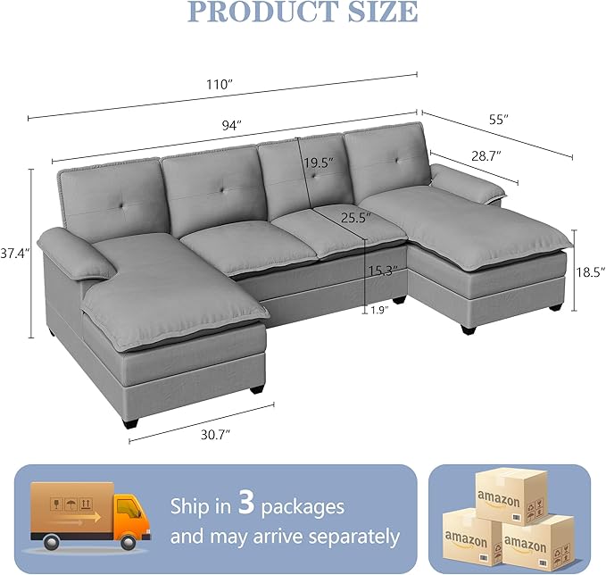 U Shaped Sectional Couch for Living Room110 4-Seater Comfy Couch with Double ChaiseDeep Seat Modular Sofa Couches with Thick Cushion &amp Soft BackrestLight Grey