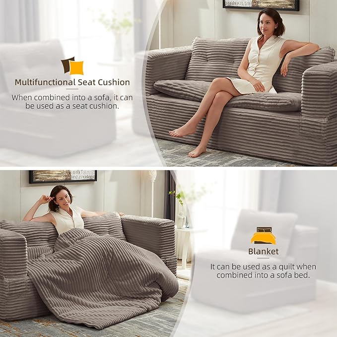 Convertible Sleeper Sofa Bed with Chaise Lounge Set80 King Folding Mattress Cloud Floor Loveseat CouchCorduroy Boneless Sectional Couch for Living Room Bedroom ApartmentCoffee