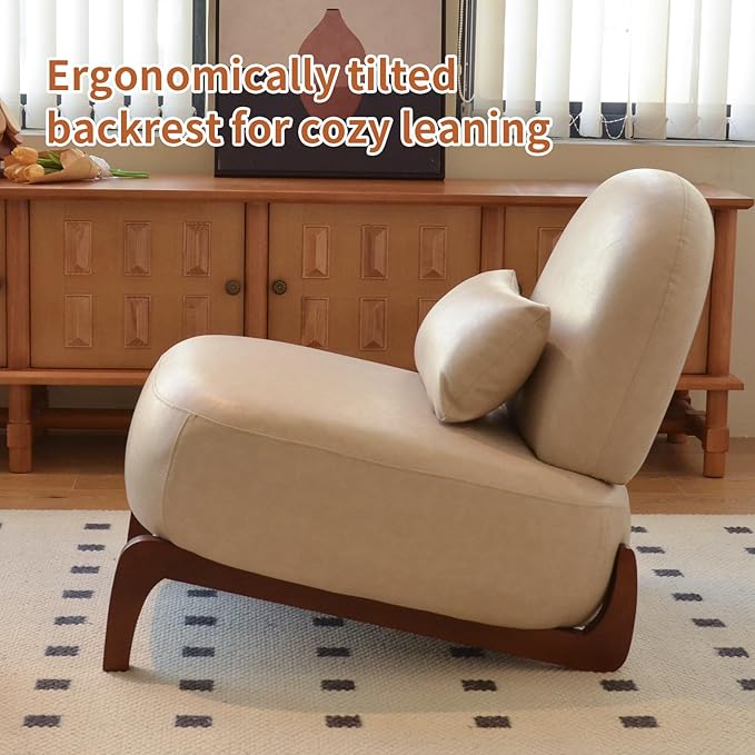 HAZO Cute Accent Chair with Solid Wood Legs Velvet Living Room Chair with Soft Cushion Cozy Bedroom Chair Comfy Armless Reading Chair for Apartment Waiting Room Balcony (Cream Leather)