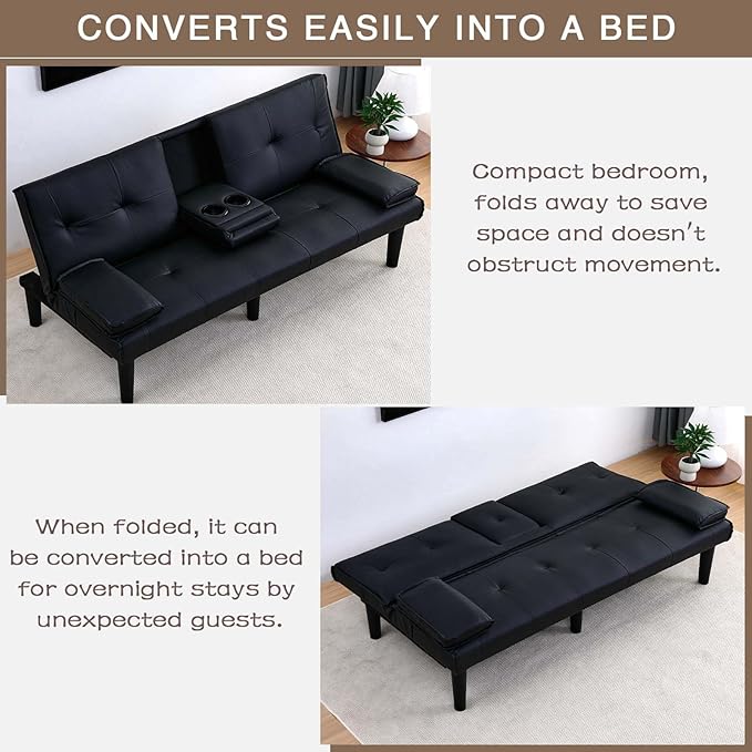 67 Futon Sofa BedConvertible Sofa Bed with 2 Cup HoldersSleeper Couch PVC Leather Removable Soft Armrest Small Couch for Living Room Apartments ﻿ (Black)