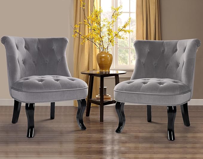 HULALA Home Velvet Accent Chair Set of 2 Modern Upholstered Fabric Armless Wingback Chair with Solid Wood Legs Comfy Tufted Vanity Club Chair for Reading Living Room Bedroom Guest Room Grey