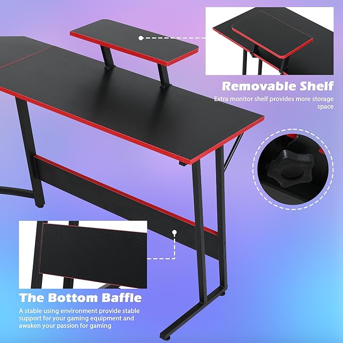 L Shaped Gaming Desk Modern Computer Desk Home Office Desks with Large Monitor Riser Stand Sturdy PC Desk for Bedroom Minimalist Black 50Inch