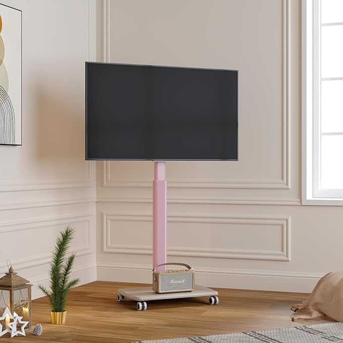 Pink Rolling TV Stand for 32 to 55 65 75 85 Inch TVs Corner TV Floor Stand with Mount Universal Portable Mobile TV Cart on Wheels Small TV Stand for Bedroom Living Room Conference Room
