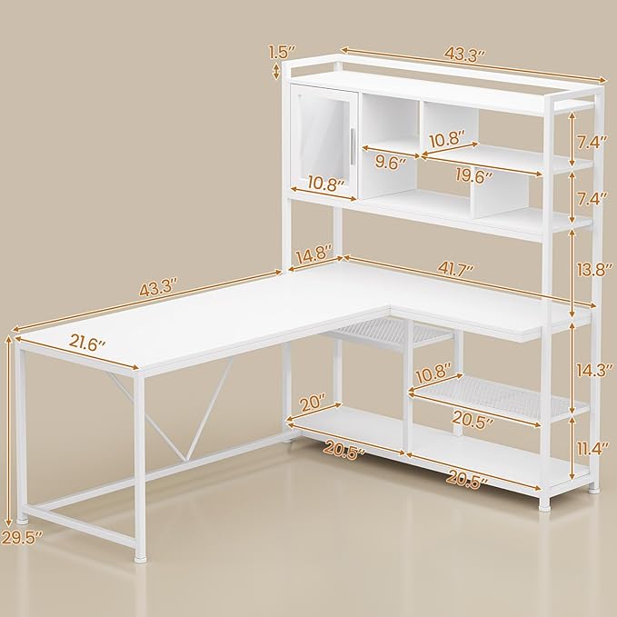 SEDETA L Shaped Computer Desk 58'' Office Desk with LED Light and Bookshelf L Shaped Corner Desk with Storage Shelves for Home Office Gaming Desk L Desk White