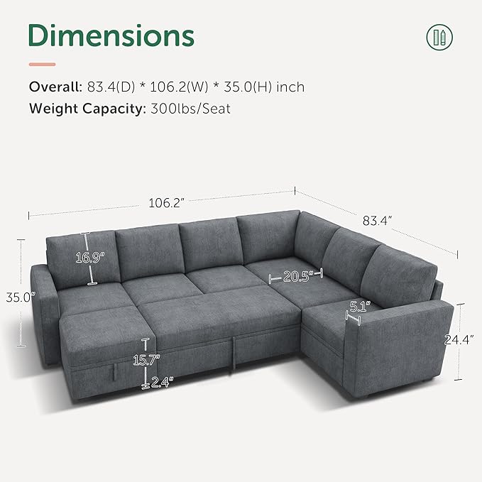 HONBAY Modular Sectional Couch with Pull Out Bed Chenille Sleeper Sofa with Storage Seats Ottoman U Shaped Sectional Couches for Living Room Bluish Grey