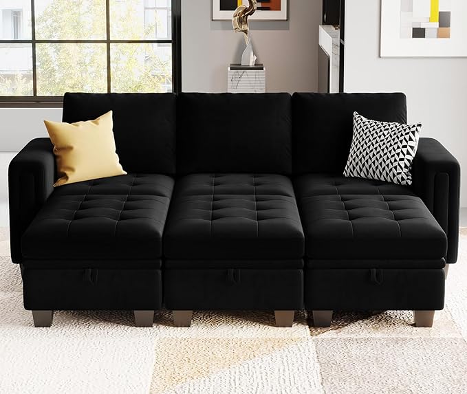 Belffin Velvet Long 2-Seat Module for Modular Sofa Sectional Couch Accent Armless 2 Seater Sofa Couch Chair Modern Fabric Black