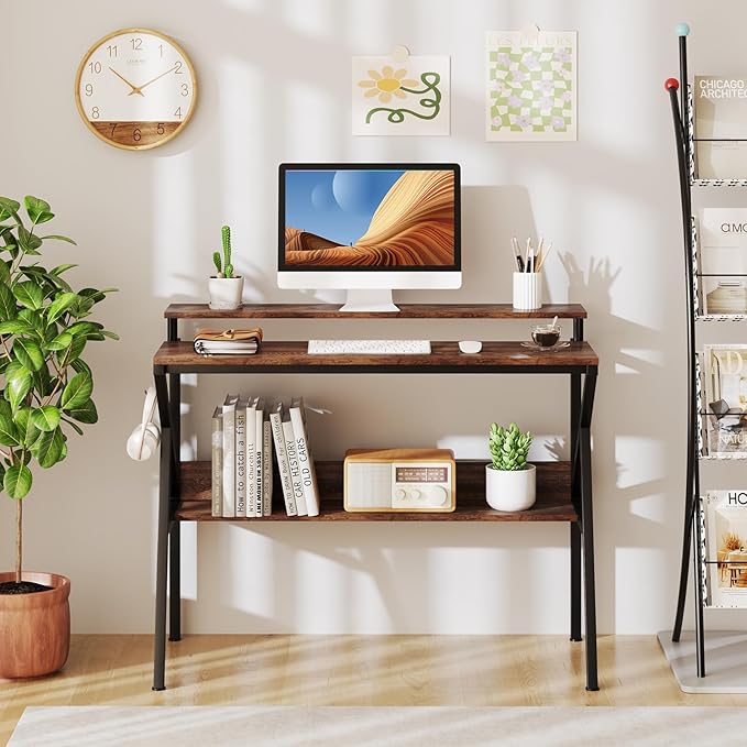 Giantex Small Desk with Storage Compact Computer Desk for Small Spaces with Monitor Stand Metal Frame &amp Earphone Hook Laptop PC Table Modern Writing Desk for Home Office Bedroom (Rustic Brown