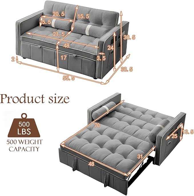 Pull Out Sofa Bed 55.5 Loveseat Sleeper Sofa Bed with Side Pocket Storage Adjustable Backrest and Waist Pillow Suitable for Small Space Living Room Bedroom Office(Grey)