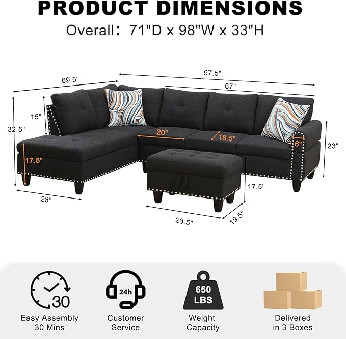 Wakefit Sectional Sofa Couch Modern 4-Seaters Living Room Furniture Sets with Chaise Lounge Ottoman &amp 2 Pillows | L Shape Couch | Cup Holder | Linen Fabric Charcoal Gray