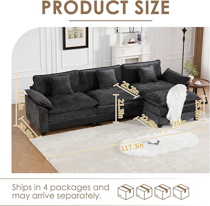 117.3 Modern Chenille Modular Cloud Sofa 3 Seater L Shaped Couch with Movable Ottoman Featuring Deep Seats and Pillows Easy Assembly Comfy Couches for Living Room Black