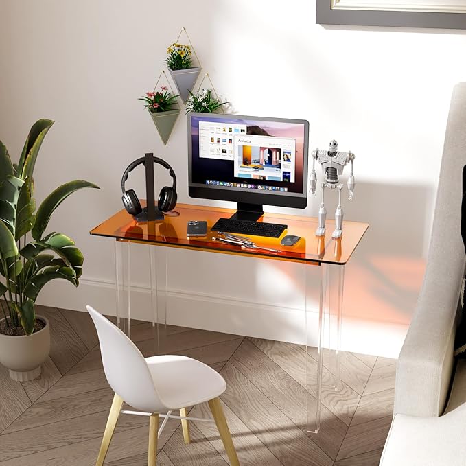 Modern Acrylic Desk for Home Office - Multi-Purpose Study Table with Extended Surface Sturdy Lightweight Design Transparent Orange Console &amp Entryway Table (42.5 Inch)