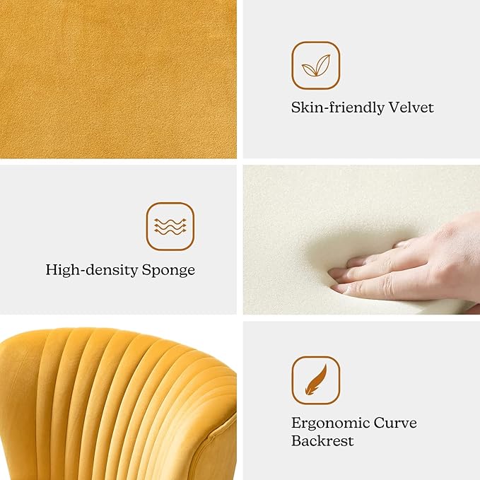 HULALA HOME Velvet Accent Chair Modern Upholstered Cute Side Chair with Gold Metal Legs Armless Wingback Slipper Chair Comfy Living Room Chair for Bedroom Guest Room VanityMustard