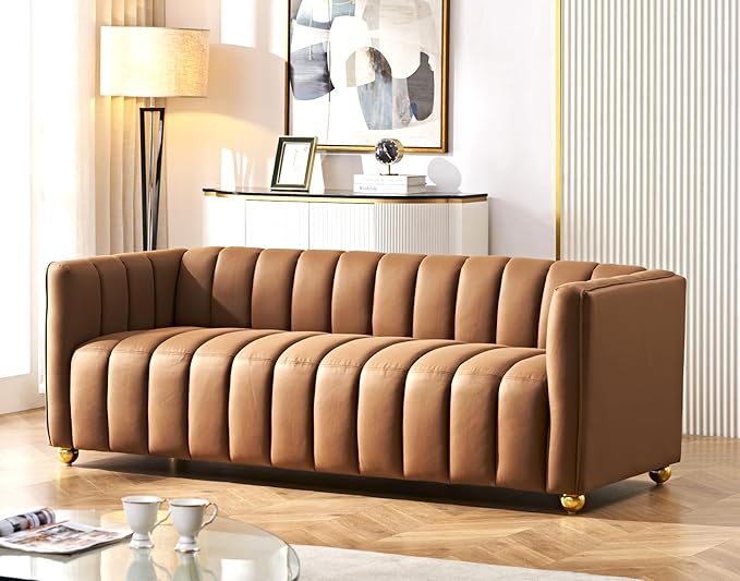 Direct Glam Fabric Upholstered Solid Wood Frame 82.7 Art Deco Sofa for Living Room Office Sophisticated 3 Seater Couch Brown
