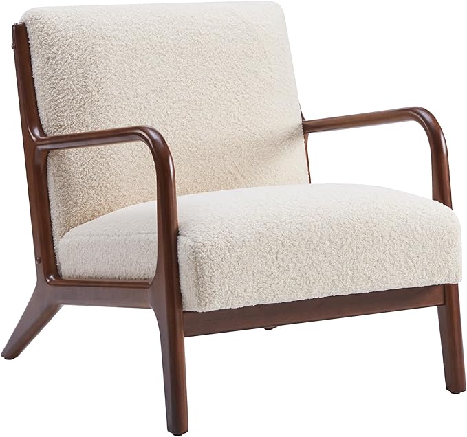 SILKIR Mid-Century Modern Accent Chair with Cushions Living Room Chair with Solid Wood Frame Lounge Chair Chair for Living Room Office Bedroom Lambswool White