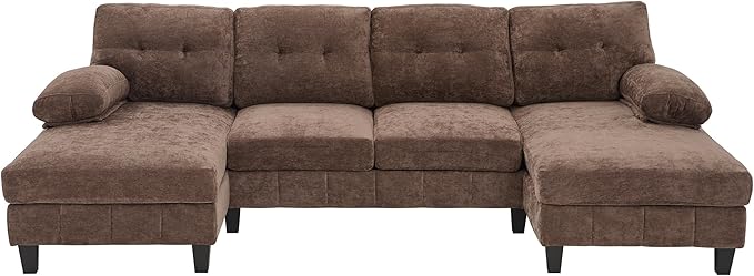 103.5 U-Shaped Sectional Sofa Modern Chenille Fabric Couch with Dual Chaise Lounges Side Storage Pockets and Armrest Pillows for Living Room (Brown//16)