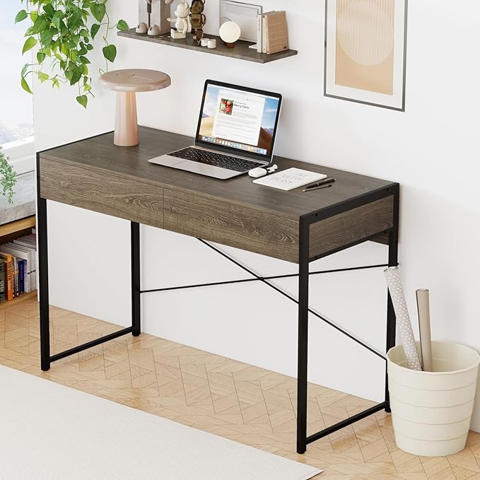 Tangkula Computer Desk with 2 Drawers 44 Inch Home Office Desk with Metal Frame &amp Anti-Toppling Device Modern Writing Desk Study Desk Compact Laptop PC Desk for Small Space (Grey)