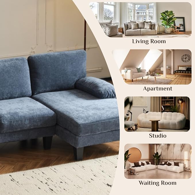 Karl home 111 Sectional Sofa U-Shaped 4-Seat Couch with Chaises Wood Grian Legs Chenille Fabric Upholstered for Living Room Apartment Office Navy Blue
