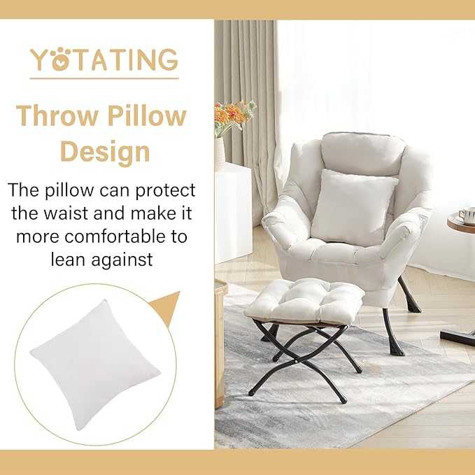 Lazy Chair with Ottoman Comfy Reading Lounge Chair with Footstool &amp Throw Pillow Modern with Armrests &amp Side Pocket for Living Room Bedroom Dorm Room Beige