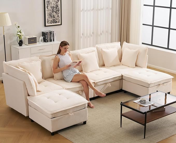 133'' Modular Sectional Sofa Oversized U Shaped Couch with Storage Ottoman Comfy Chenille Sofa with Deep Seat 6 Seat Convertible Couches with Throw Pillows for Living Room Beige