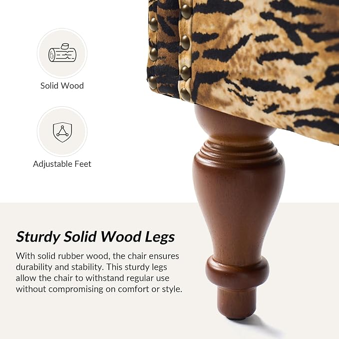 HULALA HOME Wingback Accent Chair with Animal Print Pattern Traditional Fabric Armchair with Nailhead Trim and Retro Wooden Legs Tiger