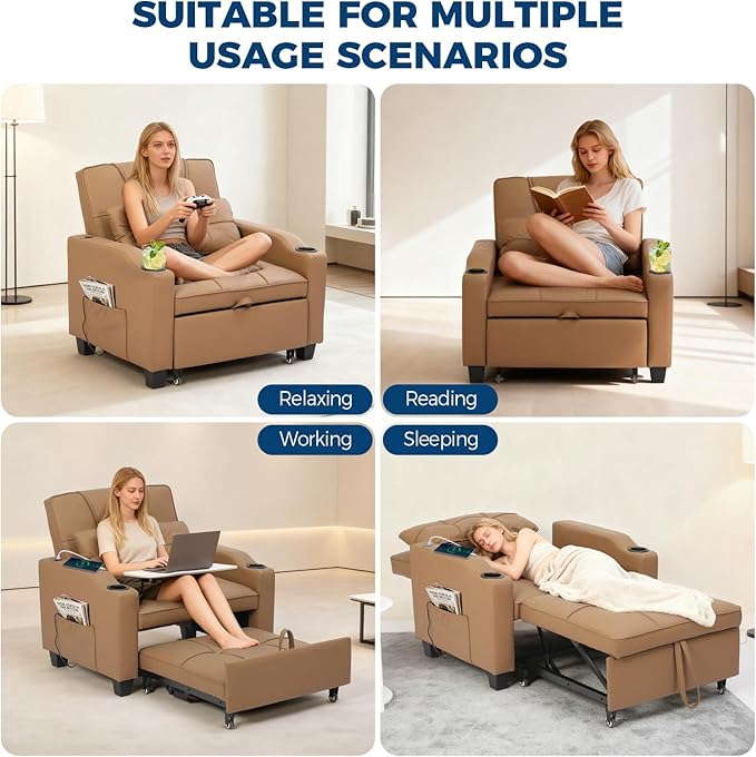 Sleeper Chair Pull Out Bed 4 in 1 Convertible Sofa Chair Bed with Vibration Massage Lumbar Pillow Single Sofa Recliner with USB/Type-C Port Cup Holders and Side Pocket for Small Spaces (Brown)