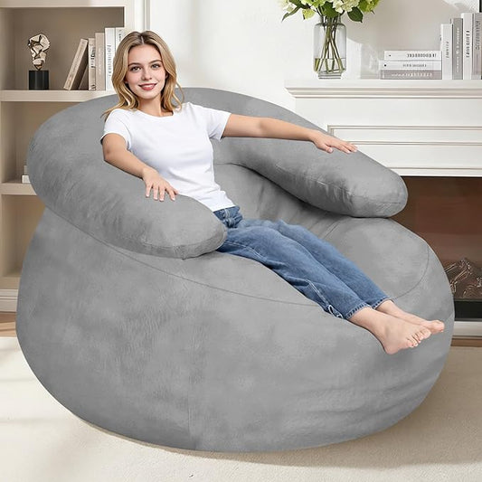 HABUTWAY Giant Bean Bag Chair Oversized Beanbag Chair with Filler Ultra Soft Faux Fur Bean Bag Lounge Floor Sofa w/U-Shaped Pillow for Gaming Reading Light Grey &amp Light Grey