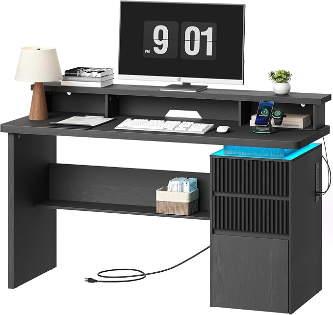 59 Executive Desk with Drawer Fluted Computer Desk with File Drawer &amp Monitor Stand Home Office Desk with Power Outlet LED Light Modern Fluted Computer Writing Desk with Storage Black