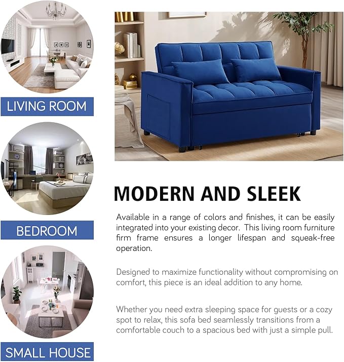 3 In 1 Velvet Convertible Sofa Bed Pull Out Couch Bed with Reclining Backrest And 2 Pillows 54 Full Size Loveseat Sleeper Sofa Futon Couch Bed Couches For Small Spaces Living Room (Blue)