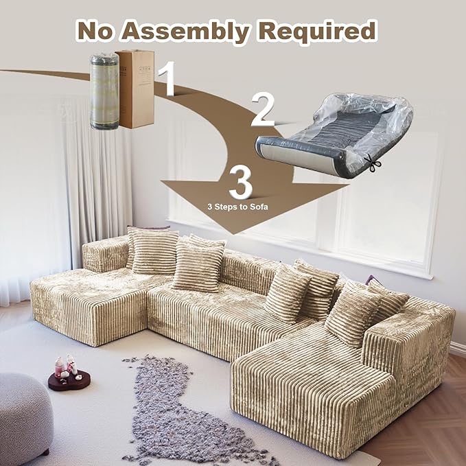 130'' U Shaped Couched for Living Room Cloud Modular Sectional Couch with 2 Chaise Lounge Modern Minimalist Upholstered Sofa Sleeper Deep Seat Corner Couch No Assembly Required Light Coffee